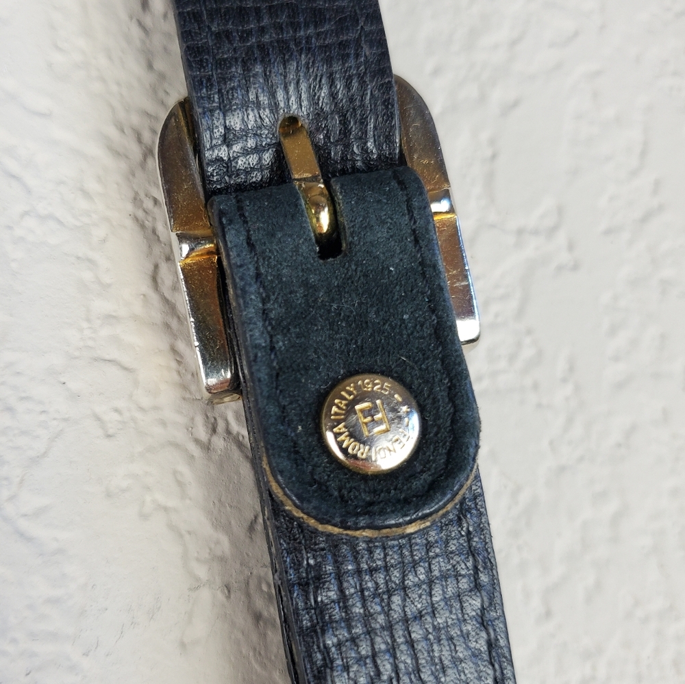 Authentic Vintage Fendi Black Leather Shoulder Bag Suede Flap Gold Medallion - Picture 9 of 14